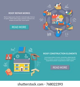 Two Horizontal Roofer Banner Set With Roof Repair Works And Construction Elements Headlines Vector Illustration