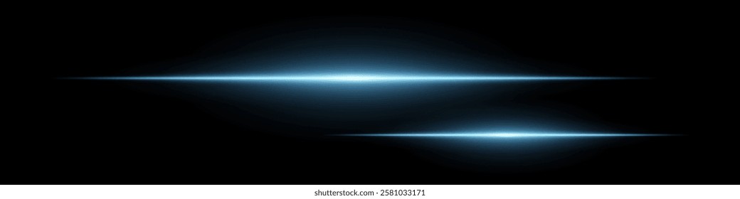 Two horizontal soft blue light beams glowing on black background. Abstract digital energy effect. Futuristic technology and sci-fi concept for design and wallpaper