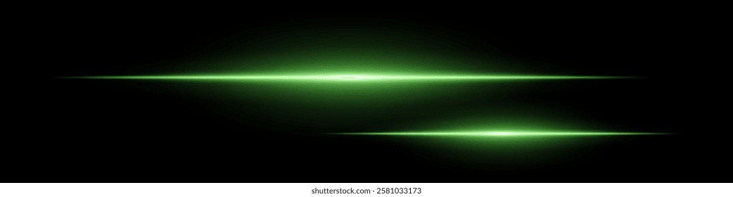 Two horizontal soft green light beams glowing on black background. Abstract digital energy effect. Futuristic technology and sci-fi concept for design and wallpaper