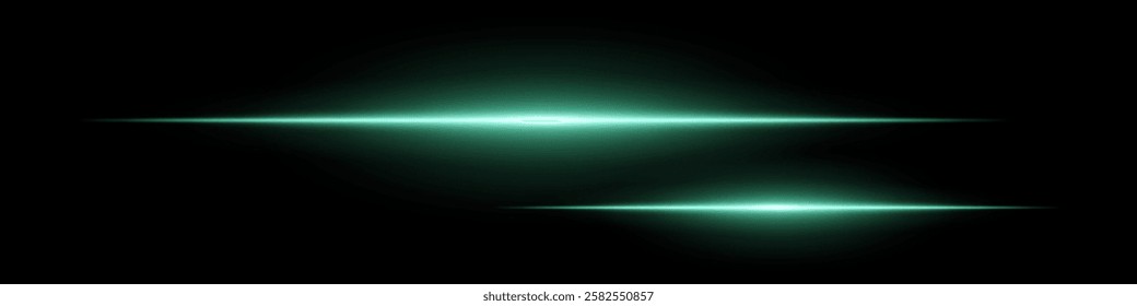 Two horizontal soft green light beams glowing on black background. Abstract digital energy effect. Futuristic technology and sci-fi concept for design and wallpaper