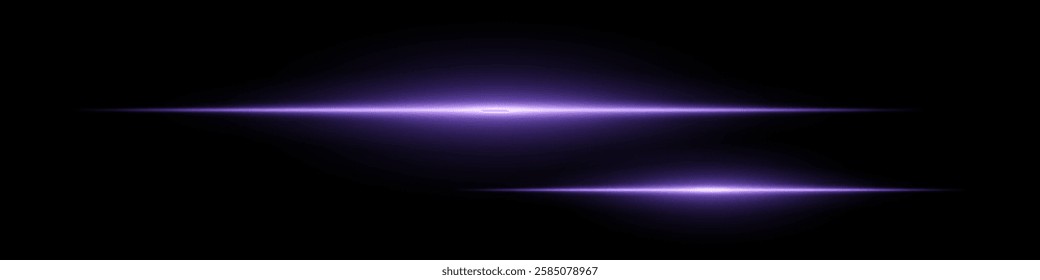 Two horizontal soft purple light beams glowing on black background. Abstract digital energy effect. Futuristic technology and sci-fi concept for design and wallpaper