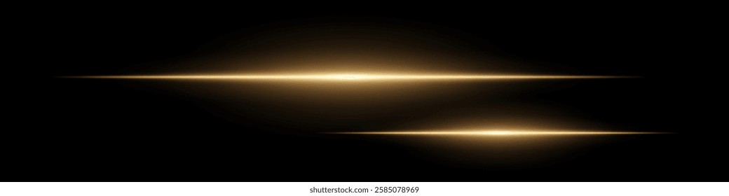 Two horizontal soft yellow light beams glowing on black background. Abstract digital energy effect. Futuristic technology and sci-fi concept for design and wallpaper