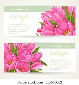 Two horizontal spring banners with pink tulips on a white background