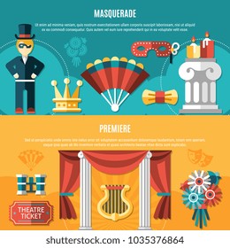 Two horizontal theatre flyer set with masquerade and premiere headlines elements and participants vector illustration