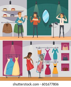 Two horizontal trying shop flat people composition set with man trying hat and woman trying on a dress vector illustration