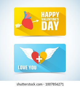 Two horizontal valentines banner set with pierced heart on one and two half of heart descriptions vector illustration