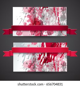 Two horizontal vinous abstract banner set with ribbons all in one color vector illustration