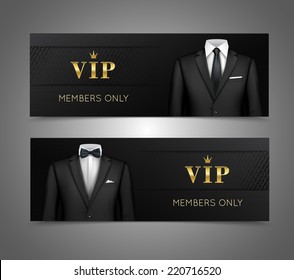 Two horizontal vip privilege members luxury products advertisement black banners set with businessman suits isolated vector illustration