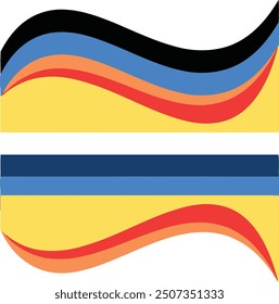 Zwei waagerechte Wellenbänder in Schwarz, Blau, Gelb, Rot und Orange. Lebhaftes und dynamisches Design für abstrakte Hintergründe oder grafische Elemente.