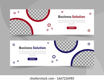 Two Horizontal Web Banners Vector Design with Red and Blue Color Rounded Shape, Bubble Decoration, and a place for a photo.