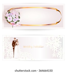 Two horizontal wedding invitations. One invitation painted bouquet of flowers on the other bride and groom on the background of white flowers.