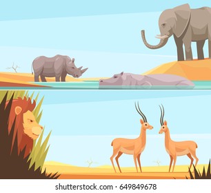 Two horizontal wild animal banners set with flat images of prey and beast animals with tropical landscape vector illustration