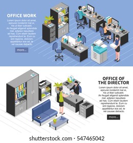 Two horizontal workplace banners set with isometric office furniture machinery editable text and read more button vector illustration