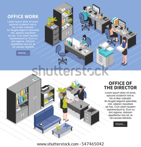Two horizontal workplace banners set with isometric office furniture machinery editable text and read more button vector illustration