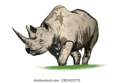 The two -horned rhino is eating grass in the open in the white background