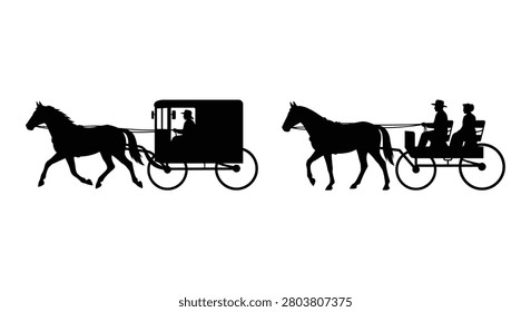 Two horse drawn carriages depicted in black silhouette against a white background silhouette carriage horse drawn buggy horsedrawn equine