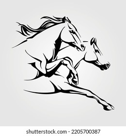 Two Horse Head Silhouette Vector Illustration Equestrian Outline Equine Horse-Riding Racing Jumping, Pony Unicorn