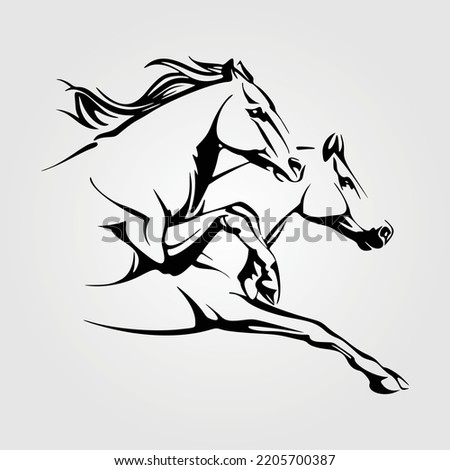 Two Horse Head Silhouette Vector Illustration Equestrian Outline Equine Horse-Riding Racing Jumping, Pony Unicorn