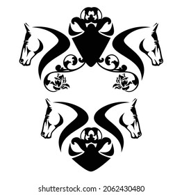 two horse heads and heraldic shield with rose flowers decor - equestrian sport black and white vector emblem design