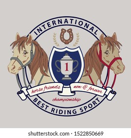 two horse heads with saddle,bridl, crop and horseshoe,coat of arms,
trophy winner, vector illustration, classic style.