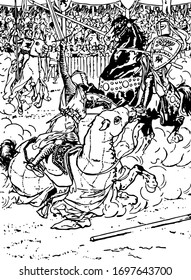 Two horse riders fighting with shields and swords, and another people watching them, vintage line drawing or engraving illustration