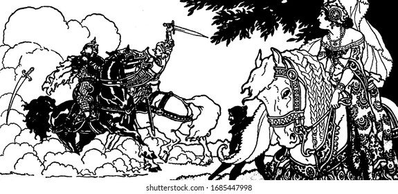 Two Horse Riders Fighting With Swords, Sword In The Air, A Woman Riding On Horse Looking At Them, Vintage Line Drawing Or Engraving Illustration