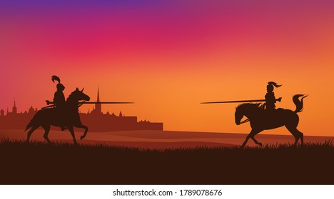 Two Horse Riding Knights Jousting At Sunset With Ancient Medieval Town Silhouette In The Background - Fairy Tale Fight Scene Vector Design