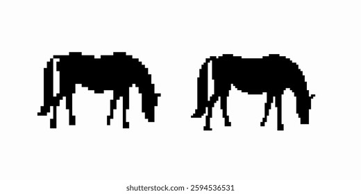 Two horse silhouettes appear in a minimalist style, both grazing. the horses face each other.