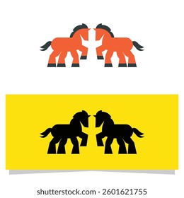 Two horse silhouettes in orange and black face each other, with a black silhouette on yellow below; ideal for branding or design projects.