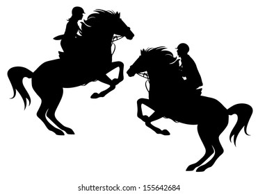 two horsemen detailed black vector silhouettes over white - man and woman