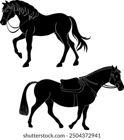 Two horses Black horse silhouette elegant horse silhouette art vector set