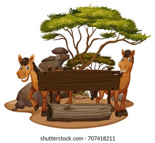Two horses by the wooden sign illustration