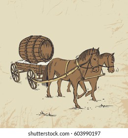 Two horses carry a wooden cart with a beer barrel. Holidays. Oktoberfest. Czech Beer Festival. Vintage postcard. Vector hand drawn illustration