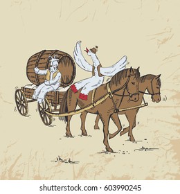 Two horses carry a wooden cart with a beer barrel. Goose in hat sits on the horse. Goat in the waistcoat sits on cart. Holidays. Czech Beer Festival. Vintage postcard. Vector hand drawn illustration