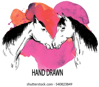 Two horses. Drawing by hand . Valentine , sweet card . Boy and girl .