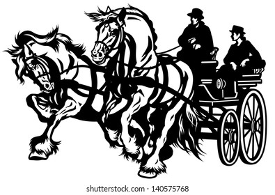 two horses drawn carriage black and white illustration