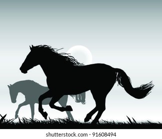 two horses gallop silhouette on sunset 2, vector