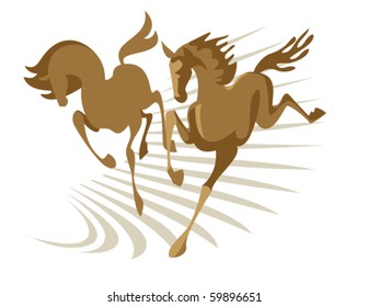 Two horses galloping across the steppe