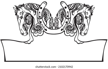 two horses heads in profile and a horseshoe. Flower style. Banner, template, logo. Isolated black and white vector illustration