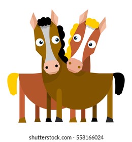 Two horses look at each other. Vector illustration in flat style on white background.
