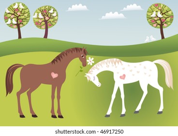 Two horses in the loving countryside where everyone is in love.