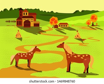 Two horses in the meadow by the farm