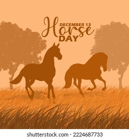 Two horses in a meadow with trees and bold text to celebrate Horse Day on December 13
