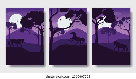 Two Horses in the Mountain Forest on a Beautiful Morning - Silhouette Design Set, Beautiful 2D Landscape Silhouette Wallpaper Set