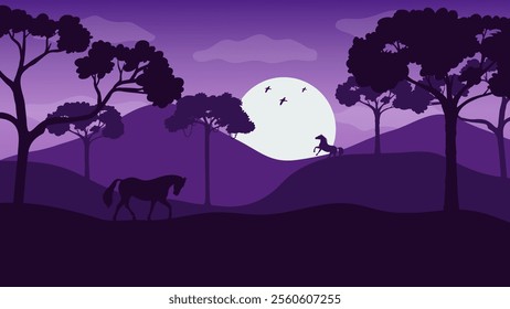 Two Horses in the Mountain Forest on a Beautiful Morning - Beautiful 2d Landscapes Vector