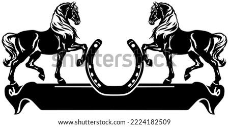 two horses in profile. Silhouette. Logo, banner, emblem with horseshoe and ribbon scroll. Black and white side view vector illustration