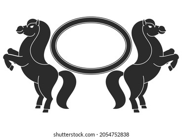 The two horses reared up. With space for your text. Element for the design of labels, sites. Black silhouette. Simple flat vector illustration.