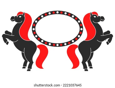 The two horses reared up. With space for your text. Element for the design of labels, sites. Black silhouette. Simple flat vector illustration.