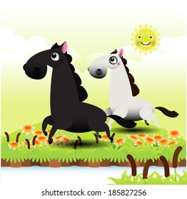 Two horses running in the field 