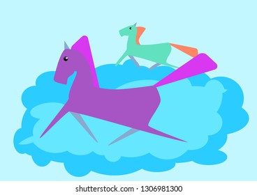 Two horses running over the cloud
